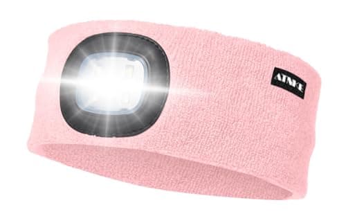 ATNKE LED Lighted Headband, USB Rechargeable Running Hat Ultra Bright 4 LED Waterproof Light Lamp Headlamp High Stretch Moisture Wicking Multi-Color/Light Pink