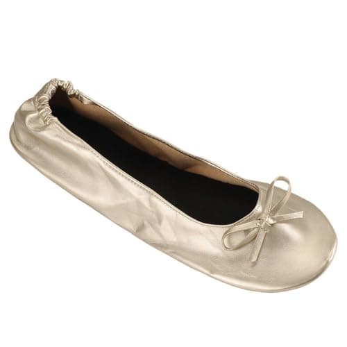 Ballet Shoes for Girls, Women Foldable Bow Ballerina Flats, Gold Metallic-Look Upper with Front Bow, Round Toe, Slip on Opening, Comfortable Soft Sole Footwear for Travel, Events and (Rose Gold, XL)