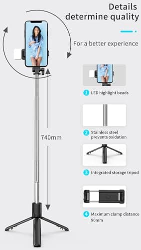 XIHAMA Selfie Stick with Light,3 in 1 Extendable 360° Rotation Phone Tripod Stand with Detachable Wireless Remote,Portable CellPhone Holder Compatible with iPhone 16/Galaxy/Huawei/LG(Pink+Light) — view 4