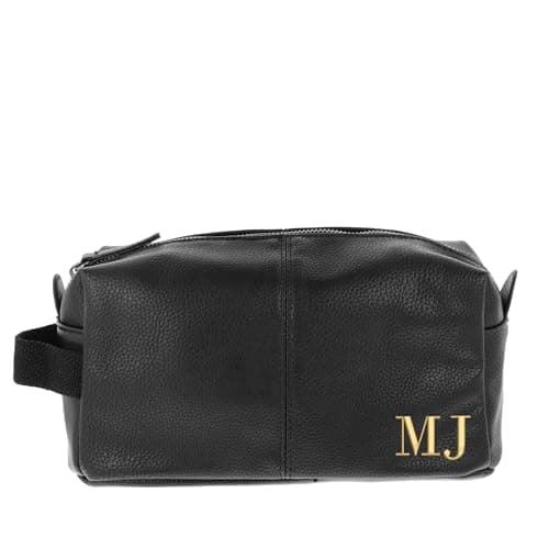 Personalised Black Leather Toiletry Wash Bag - Travel Gift for Him - Fathers Birthday