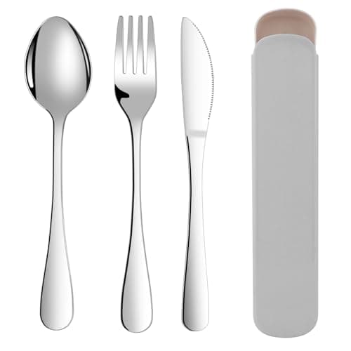 ABOHU Cutlery Set with Portable Pouch Case, 3 Piece Stainless Steel Flatware Set, Tableware Silverware Set with Spoon Knife and Fork Set, Mirror Polished, Dishwasher Safe - Grey