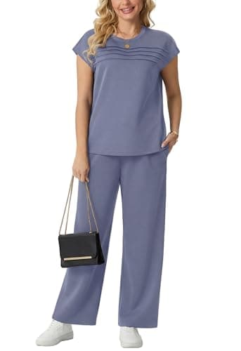GRECERELLE Two Piece Outfits Women Summer Travel Vacation Tracksuit Womens Full Set Short Sleeve Casual Crew Neck Cap Sleeve Front Plisse Matching Sets Wide Leg Pants (Haze Blue, S) — view 3