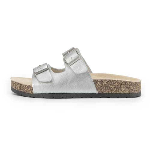 VIVASHOES Women’s Double Buckle Cork Footbed Sandals - Adjustable Flat Slide Sandals for Ladies - Comfortable Open Toe Summer Slippers - Silver Metallic UK 5 — view 3
