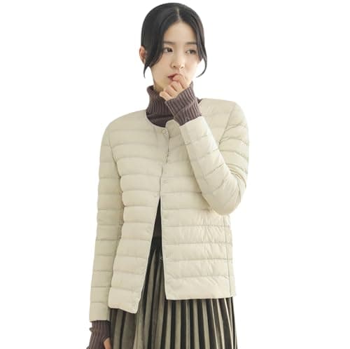 Womens Ultra Light Packable Down Jacket Lightweight Puffer Down Jacket Women Wint Warm Short Outerwear Ladies Quilted Down Jacket Women Button Collarless Quilted Jacket Beige