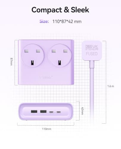 ORICO Flat Extension Lead with USB Slots, 2 Way Socket Outlets with 4 USB Ports(2 USB C & 2 USB A), 1.6m Extension Cord, Desk Power Strip for Travel, Office, Home (Purple) — view 6