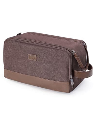 WANDF Toiletry Bag for Men Travel Wash Bag Toiletry Organizer Canvas and PU Leather Dopp Kit Water-Resistant Shaving Kit for Travel Accessories (Brown, Patent Pending)