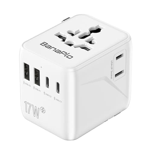 Banaplo Universal Travel Adapter, Worldwide Travel Plug Adapter with Extra US Socket, 2 USB-C and 2 USB-A Ports, All in One International Travel Adapter for UK, EU, USA, Australia etc.