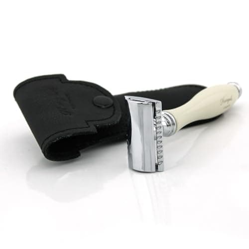 Haryali London, Double Edge Safety Razor with Leather Pouch – Reusable Travel Safety Razor for Men – DE Razor for Close Smooth Shave – Wet Shaving Razor Off White — view 2