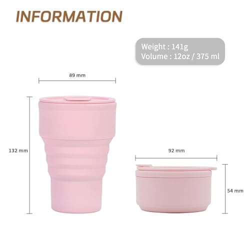 EYQ Collapsible Coffee Cup 375 ml, 12oz Silicone Foldable Coffee Mug, Lightweight Reusable Tea Cup for Hot and Cold Drinks for Office Fitness Gym Outdoor Sports Travel Camping Yoga, Pocket Size (Pink) — view 2