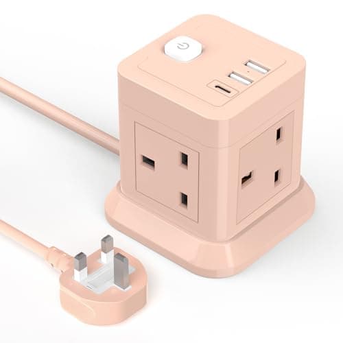 Cube Extension Lead with USB Slots, BEVA 4 Way Multi Plug Power Strip with 3 USB Ports (5V/2.4A), Desktop Power Extension Socket with 1.5M Extension Cords for Home Dorm Office Travel-PINK