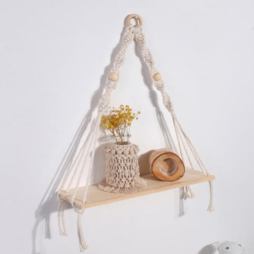 LOORGVEL Macrame Nordic Wood Wall Shelf Cotton Rope Beige Handmade Decor — view 6