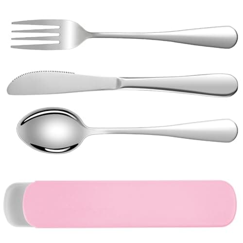 HOTUT Travel Cutlery Set, 3 PCS Cutlery Set with Portable Pouch Case, Reusable, Stainless Steel Flatware, Portable Utensils for Outdoor Travel Picnic Office School Lunch Box - Pink