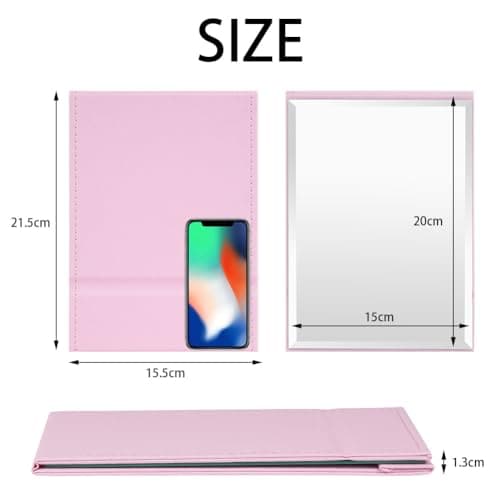 OSDUE Folding Tabletop Mirror, 21.5 * 15.5cm Pink PU Leather Portable Travel and Desktop Vanity Mirror with Stand for Office Desk, Vanity Table, Camping — view 2