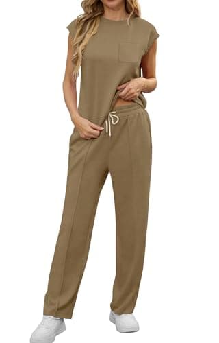 GRECERELLE Two Piece Outfits Women Summer Short Sleeve Tracksuit Womens Full Set Lounge Wear Sets for Women Casual Crew Neck Cap Sleeve Tops and Jogging Bottoms with Pockets(Khaki, M) — view 2