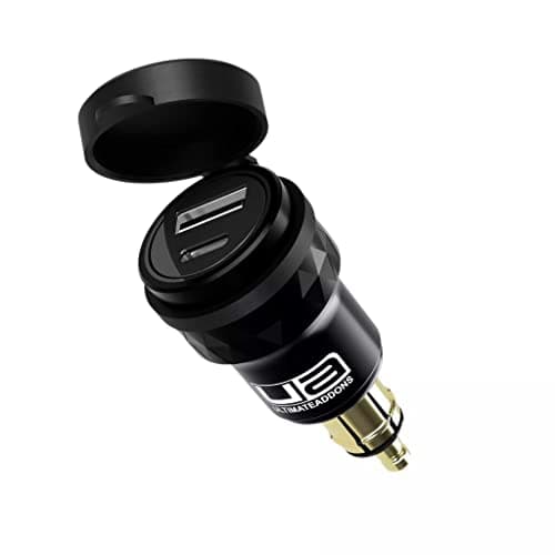 UltimateAddons DIN Motorcycle USB Charger, Dual Port USB-A QC 3.0 18W + USB-C PD 20W Fast Charger with Protective Cap, 12V Auxiliary Socket Adapter for Compatible BMW, Triumph & Ducati Motorcycles