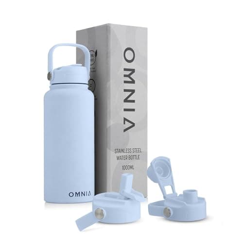 OMNIA NUTRIENTS Vacuum Insulated Stainless Steel Water Bottle, 2 Lids (Straw & Spout) Leakproof, BPA-Free, Reusable Flask Ideal for Travel and Outdoors (Sky Blue - 1000 ml)
