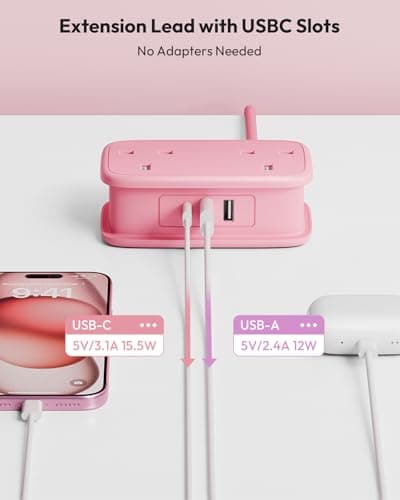 NTONPOWER Travel Extension lead with USB Slots, Pink Extension Lead 1.2M, Cruise Essentials Extension Cord with 2 Way Outlets 3 USB（1 Type C) for Cruise Travel Essentials Hotel Home Office — view 4