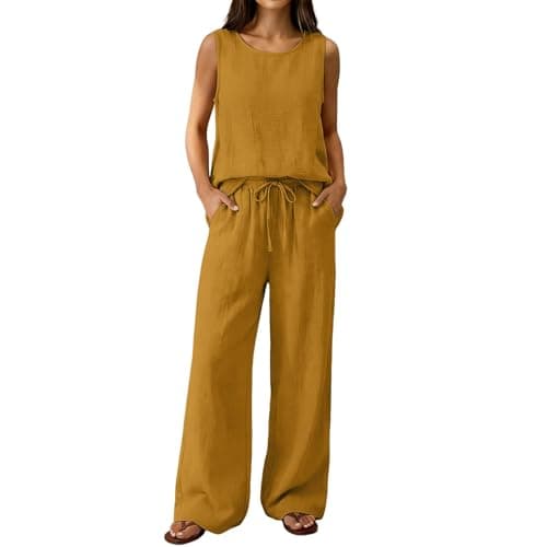 Ladies Travel Outfits Coord Sets for Women Uk Summer 2 Piece Cotton Linen Airport Outfit Sleeveless Womens Tank Tops Wide Leg Trousers Casual Travel Beach Holiday Clothes Lounge Wear Set Gold M