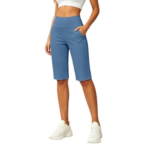 Women's Long Shorts 14" Knee Length Capris with Pockets High Waisted Athletic Casual Shorts Polyester Shorts Casual Shorts for Beach Trips City Breaks and Everyday Outfits Light Blue