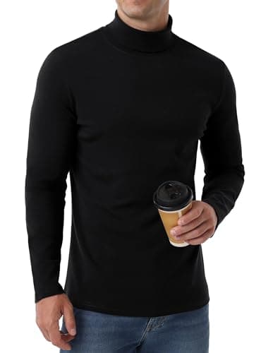 Hisir Men's Thermal Top, Long Sleeve Cotton Roll Neck Base Layer, Black, S — view 5