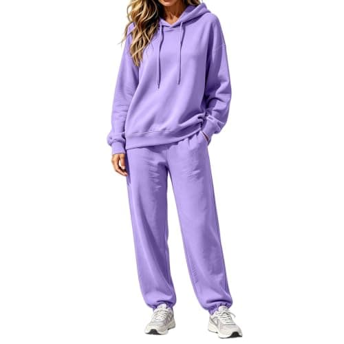 Ladies Tracksuit Sets Lavender Cotton Fleece Two Piece Outfit Women Drawstring Hooded Co Ord Sets Elastic Ankle Cuff Jogger Pants Relaxed Lounge Sets for Gym Casual Daily Wear Size M