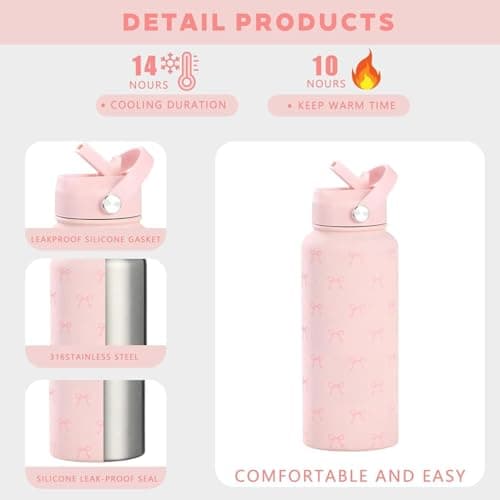Insulated Bottle,1L Bow Pattern Stainless Steel Vacuum Flask - Leakproof Water Bottles with Straw - for Coffee, Drinks, Sports, Home, Travel — view 6