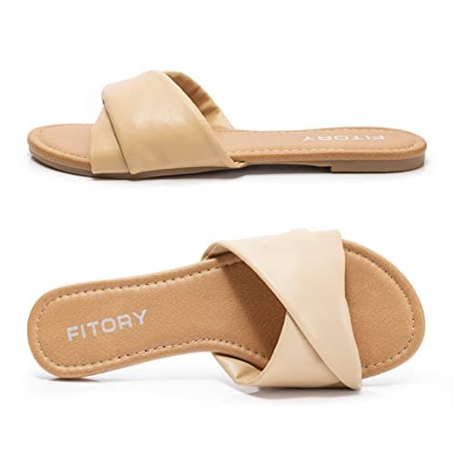 FITORY Women's Sandals Flat Slip On Leather Summer Slide Light Tan Size 4 — view 3