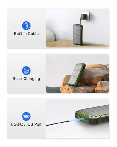 Solar Power Bank, 26800mAh Power Bank with 4 Built-in Cables, Portable Charger with USB-C Fast Charging, Qi Wireless Charging with LED Flashlights, for Cell Phones, Tablets, and Camping — view 6