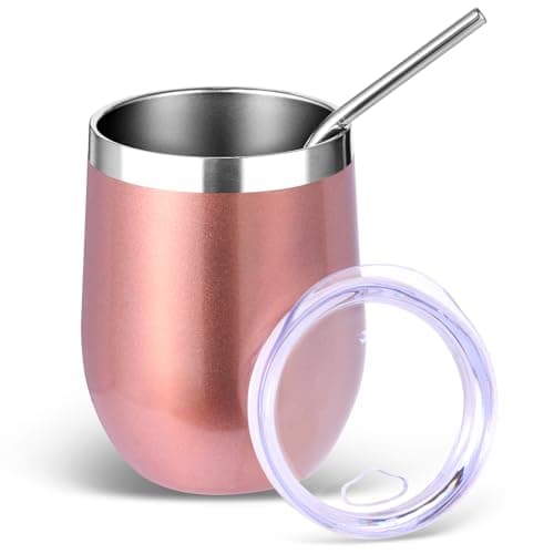 Volhoply 12oz Stainless Steel Wine Tumbler with Lid and Straw,350ml Double Wall Vacuum Insulated Stemless Wine Glasses,Travel Coffee Mug for Cold Drinks,Tumblers Gifts for Women Men(Rose Gold,1 Set)