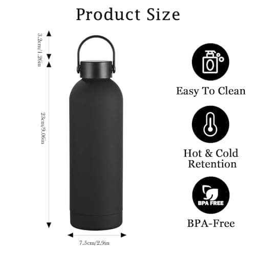 500ml Insulated Water Bottle, Small Metal Water Bottle for Handbag with Handle, Double Wall Vacuum Insulated Bottle Keeps 24H Cold/12H Hot, BPA Free Drinks Bottle (Black) — view 2
