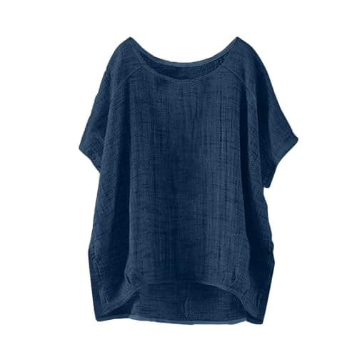 Women's Linen Blouse Summer Muslin Short Sleeve Shirt Crew Neck Basic Tops Elegant Cotton Linen Tops Plain Summer Vacation Beach Travel Blouse Light and Airy Sport Yoga Blouses & Tunics for Women — view 4