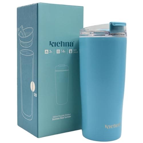 Kichna Brewer Travel Coffee Tumbler with Flip Lid Lock | Double Walled Stainless Steel Vacuum Travel Mug | BPA Free Lid Leak & Spill Proof | Keep Cold for 14Hrs or Hot for 3Hrs 550ml - Powder Blue — view 4