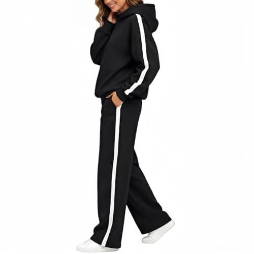 Womens Black 2 Piece Outfit Pullover Hoodie and Wide Leg Trousers — view 2