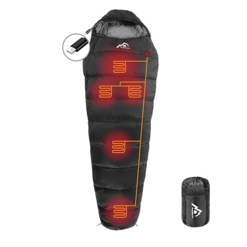 MANTUOLE Heated Sleeping Bag 5 Heating Zones,Operated with Battery Power Bank or Other USB Power Supplies with Type C Output, Portable Compact Bag, Mummy Style-Black.Type-C.