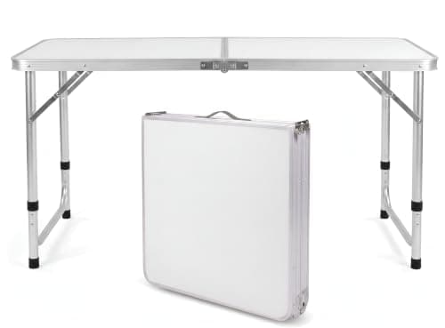BARGAIN FACTORY Folding Table 4ft Heavy Duty Picnic Table Sturdy Metal Frame With Handle, Adjustable Height Portable Waterproof Easy to Carry Ideal for BBQ Party Camping, Beach, Indoor & Outdoor Use