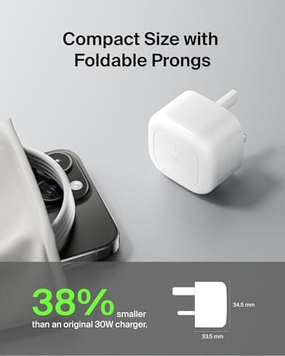 Belkin BoostCharge Compact Wall Charger 30W, Travel-friendly USB-C Power Delivery Fast Charging for Apple iPhone 17, Air, Samsung Galaxy S25, Pixel, iPad, AirPods, Tablet - With Type C Cable - White — view 4