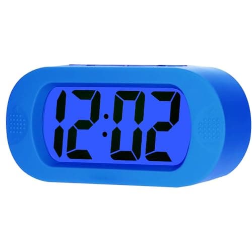 LCD Digital Alarm Clock Large Display – Battery Operated – 12-Hour Format, 8-Min Snooze, 5-Sec Backlight, Ascending Alarm, Soft Silicone Case – Easy Setup (Navy Blue)