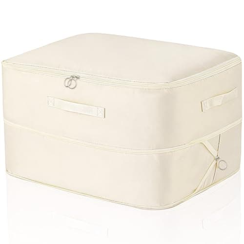 Ultra Space Saving Self Compression Organizer, Large Capacity Packing Organiser with Zips, 52*42*60cm Expandable Packing Cube Bag, Beige Storage Bags for Comforters, Clothes, Blankets, Duvets, Sweater