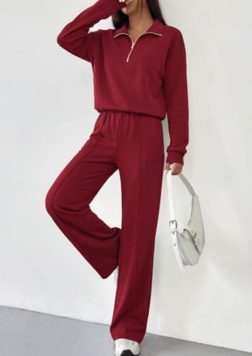 PRETTYGARDEN Womens 2 Piece Workout Sets 2026 Fall Half Zip Pullover Sweatshirt Sweatpants Matching Travel Outfits Sweatsuits, Burgundy, Medium — view 5