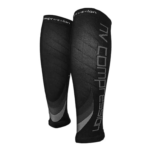 NV Compression Essential Race and Recover Calf Guards/Sleeves (PAIR) 20-30mmHg - For Sports Recovery, Shin Splints, Medical, Work, Flight - Running, Cycling, Gym (Bk/Grey Chevrons, S-M) — view 2