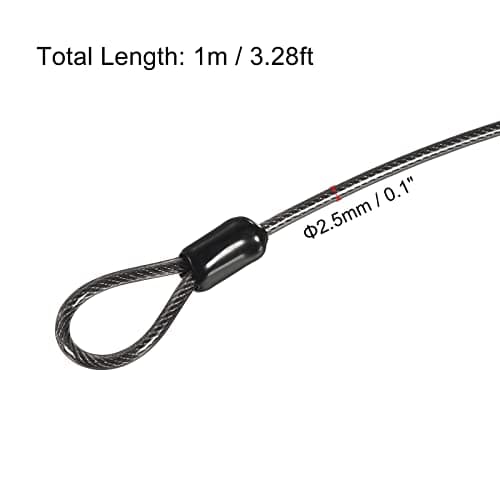 PATIKIL Security Steel Cable 2.5mm x 1m/3.28ft Coated Luggage Lock Wire Rope with Double Loop Black — view 2