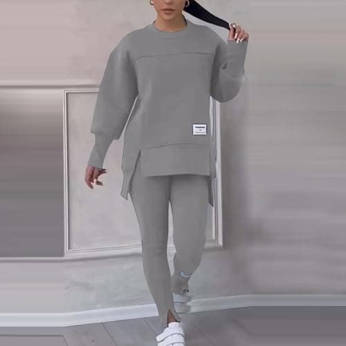 NSICBMNO Gray Womens Tracksuit Set 2 Piece Outfits Oversized Sweatshirts Gym Leggings Airport Out Long Jumpers Split Hem Trousers Casual Co Ord Sets Winter Lounge Wear Sets For Gym Sports Travel — view 4