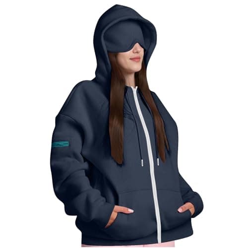 Ewleguzka Travel Hoodie with Eye Mask Women Full Zip Oversized Jacket Fleece Lined 3 Pockets Sweatshirt Jumpers Navy — view 2
