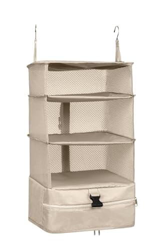ELEZAY Hanging Packing Cubes Portable Closet Shelves Travel Collapsible Compression Garment Organisers for Carry-on Luggage Suitcase with Breathable Perforated Material Large, Beige