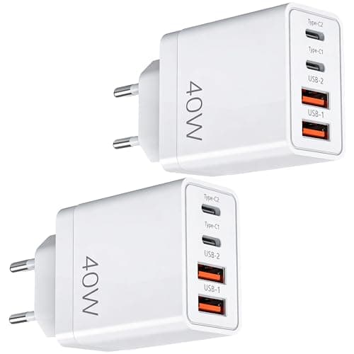 40W EU Travel Charger, European Plug Adaptor with 2 USB C Ports and 2 USB A Ports, Fast Charging UK to Europe Mains Adaptor for iPhone Samsung Smartphones 2PC