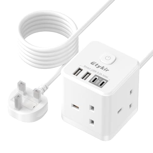 Extension Lead with USB Slots, 3 Way Cube Extension, White