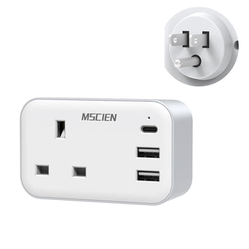 Mscien UK to US Plug Adaptor with 3 USB Ports, 4-IN-1 Plug Adapter, USB-C