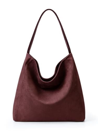 KALIDI FANCY FOREST Suede Tote Bag for Women, Multi Pockets Hobo Shoulder Bag, Large Fashion Handbag for School Work Shopping Travel Daily Use - burgundy