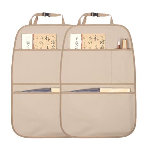 pefirst Kick Mat Back Seat Protector Waterproof Leather Car Seat Back Organizers Cover with 3 Storage Pockets for Kids Pets SUV Sedan Minivan Truck Car Travel Accessories (Beige 2-Pack)