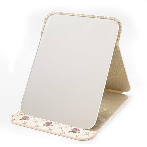Shunshi Portable Folding Mirror, 16.4 * 11cm, Standing/Leaning, Rectangular, Brown PU Frame, HD Glass, Adjustable Stand, Travel Makeup Mirror